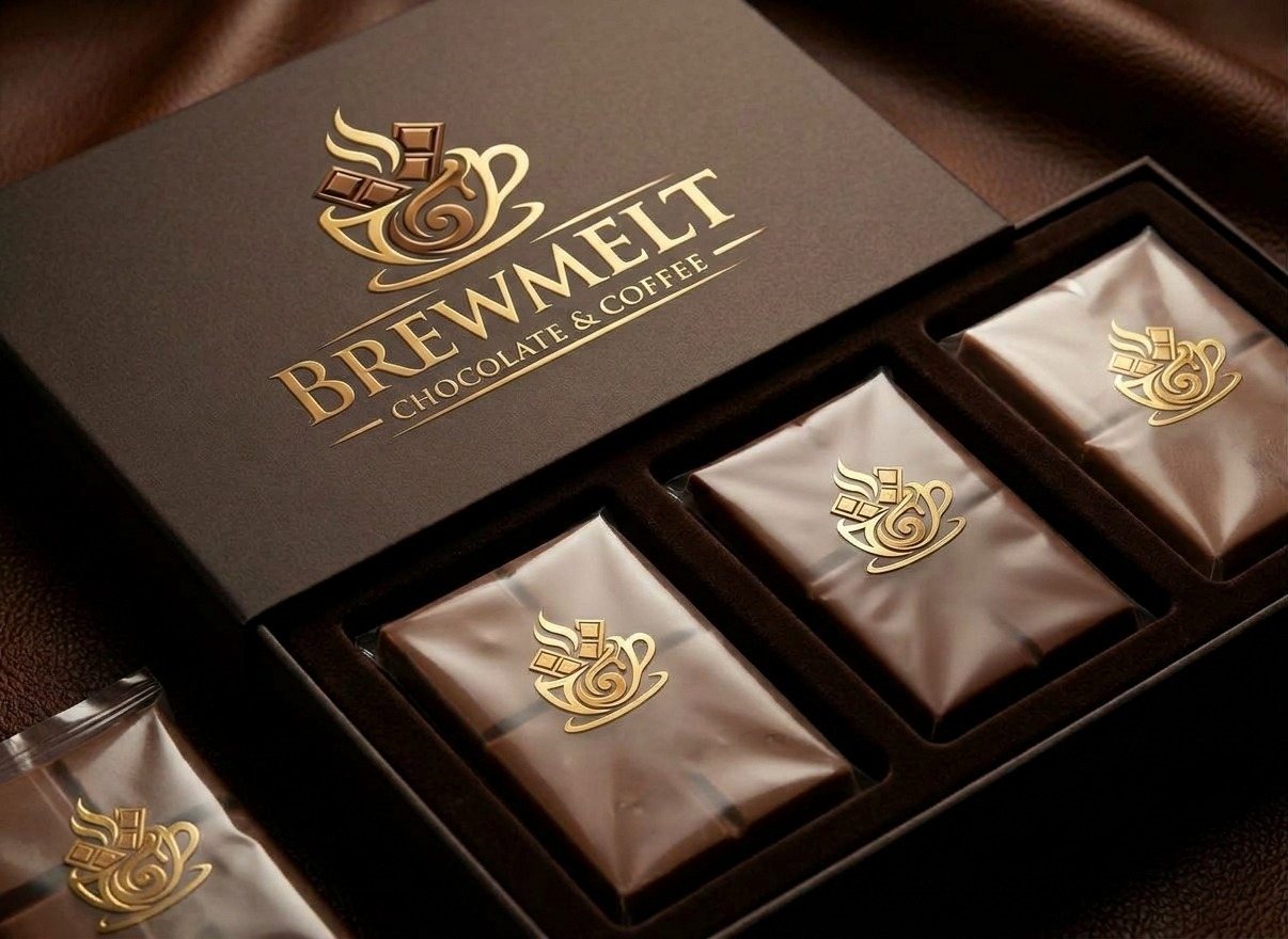 Brewmelt chocolate gift box with gold-foil logo and three wrapped chocolate bars