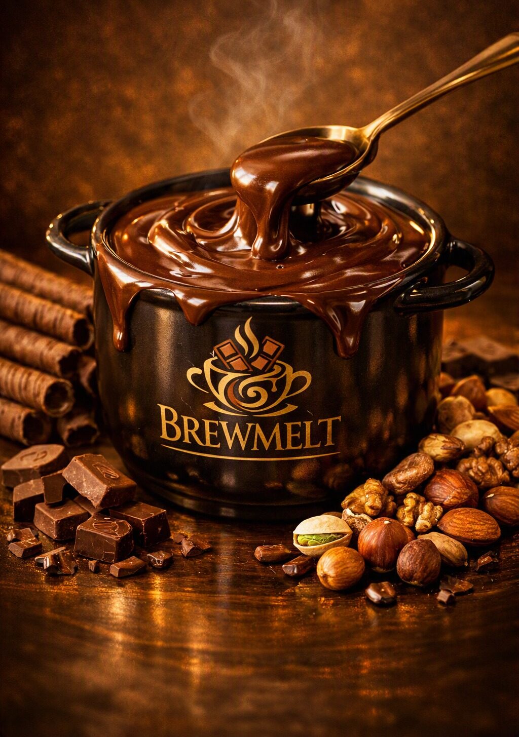 Melted chocolate lifted on a spoon from a Brewmelt pot, with chocolate pieces and nuts