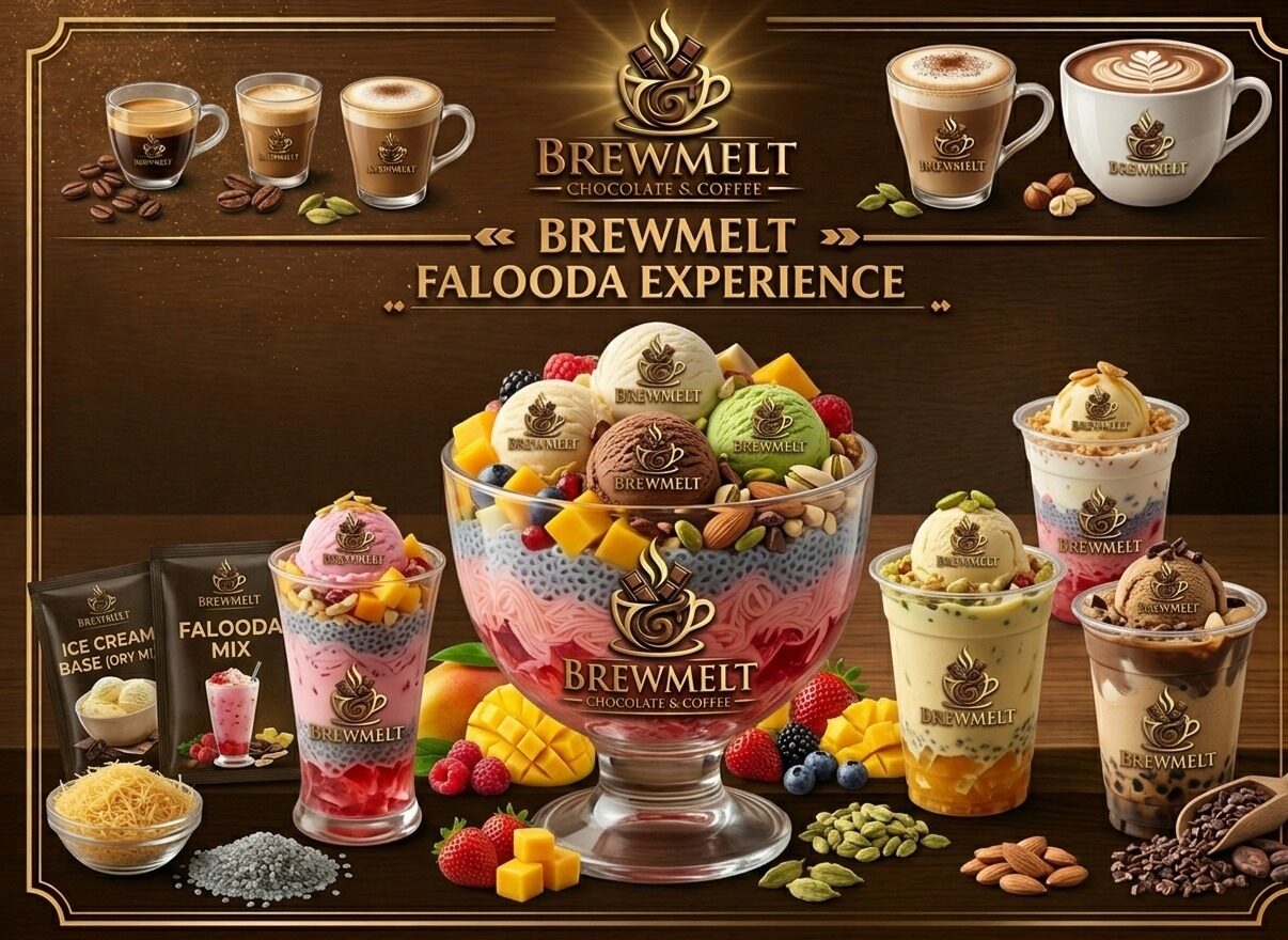 The Brewmelt Falooda Experience: layered falooda topped with ice cream, nuts and fruit