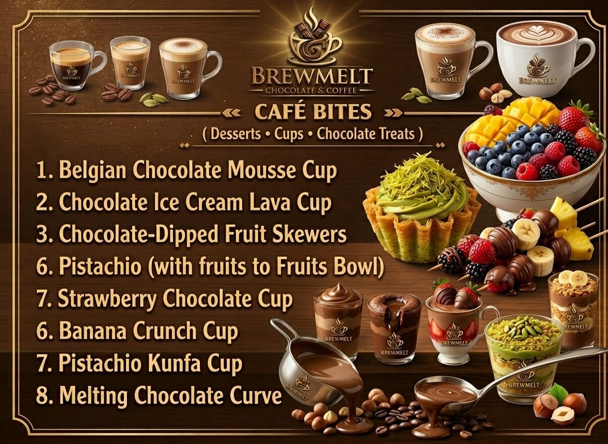 Brewmelt Café Bites (desserts, cups and chocolate treats): Belgian Chocolate Mousse Cup, Chocolate Ice Cream Lava Cup, Chocolate-Dipped Fruit Skewers, Pistachio with fruits to Fruits Bowl, Strawberry Chocolate Cup, Banana Crunch Cup, Pistachio Kunafa Cup and Melting Chocolate Curve