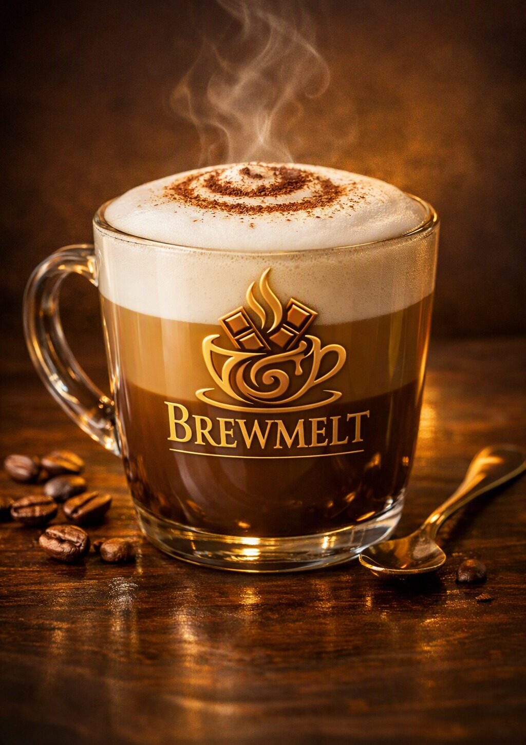 Cappuccino dusted with cocoa in a Brewmelt glass mug