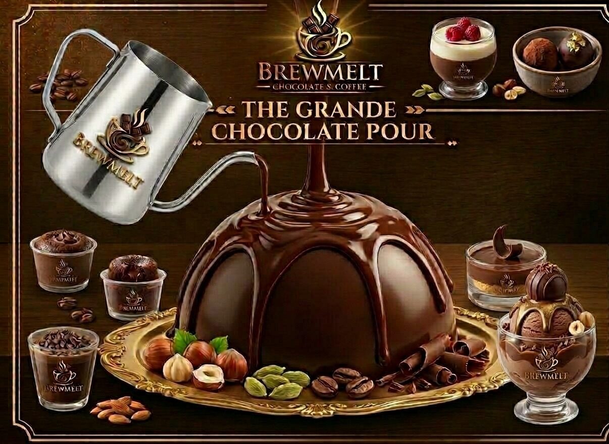 The Grande Chocolate Pour: chocolate poured from a Brewmelt kettle over a chocolate dome, with Brewmelt desserts and ice cream around it