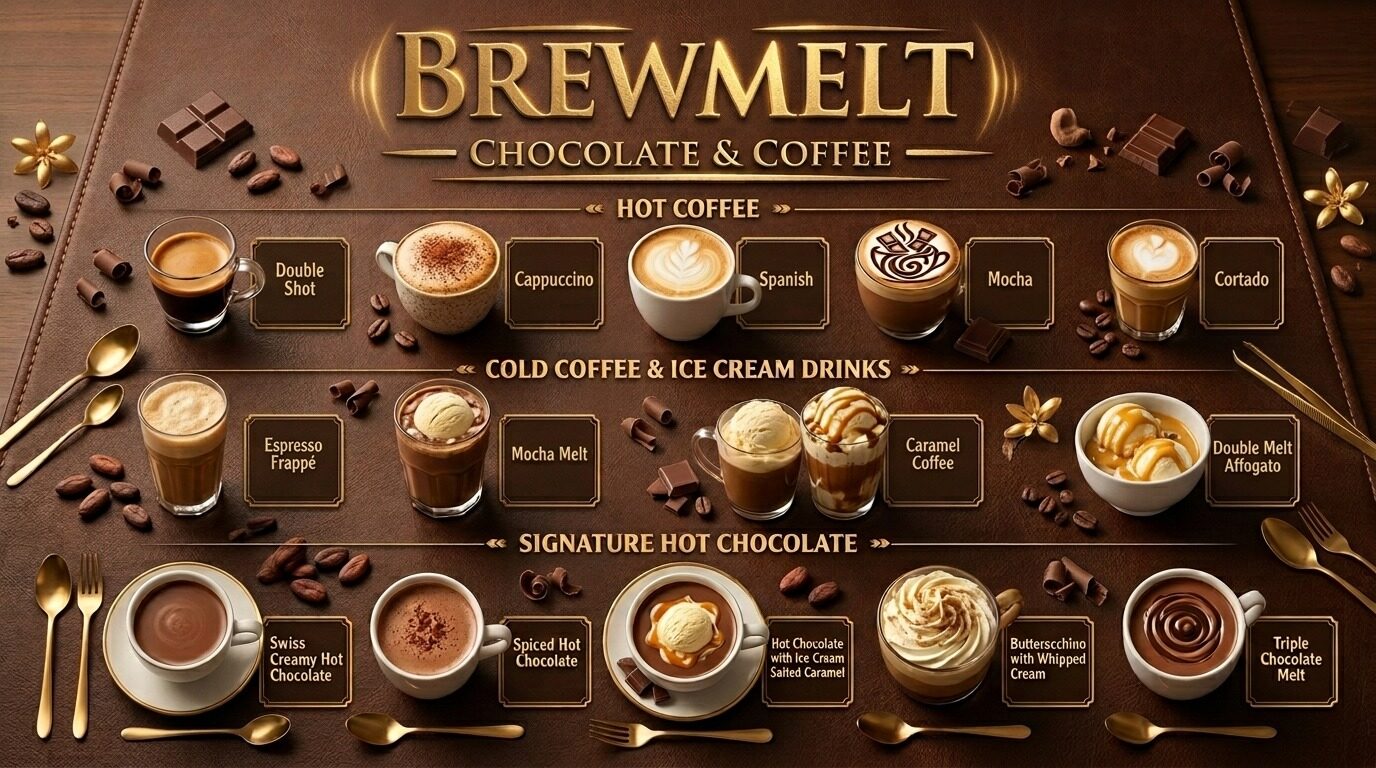 Brewmelt drinks menu. Hot coffee: Double Shot, Cappuccino, Spanish, Mocha, Cortado. Cold coffee and ice cream drinks: Espresso Frappé, Mocha Melt, Caramel Coffee, Double Melt Affogato. Signature hot chocolate: Swiss Creamy Hot Chocolate, Spiced Hot Chocolate, Hot Chocolate with Ice Cream and Salted Caramel, Butterscotch with Whipped Cream, Triple Chocolate Melt