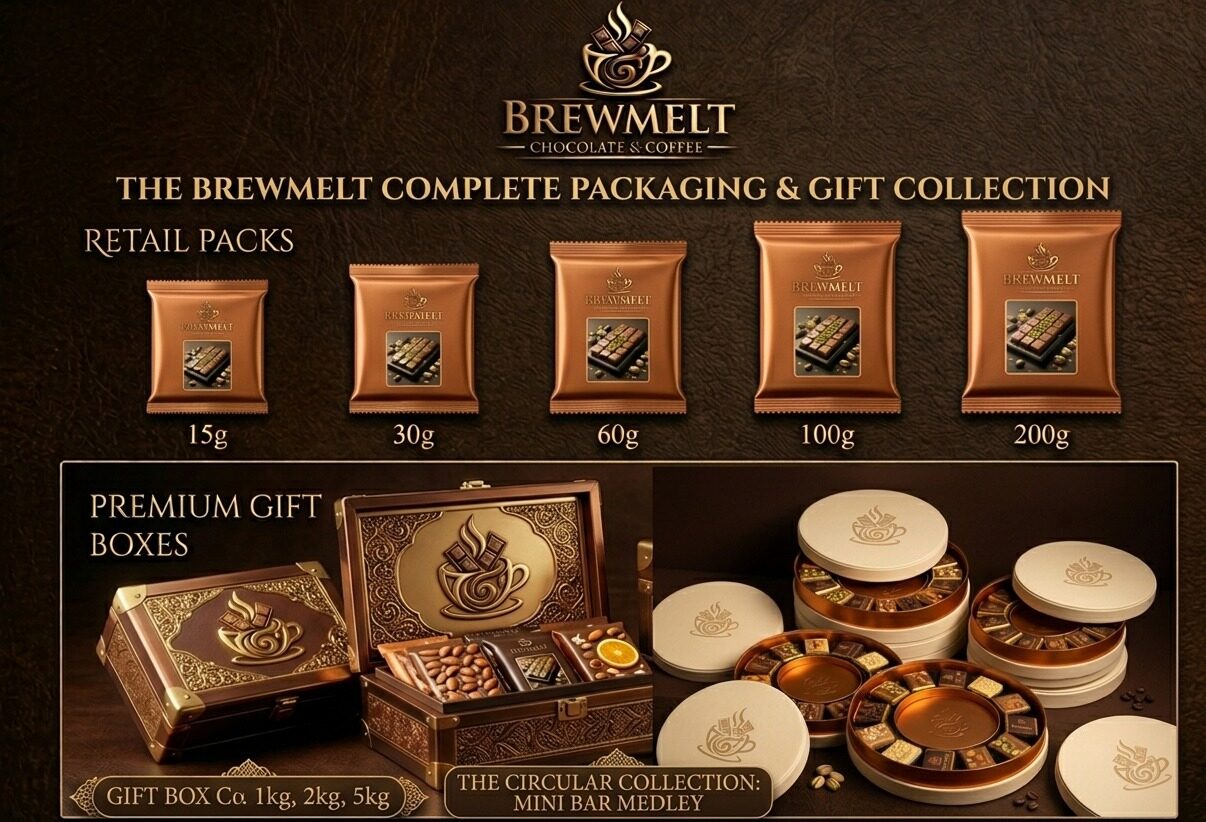 The Brewmelt packaging and gift collection: retail packs from 15g to 200g, premium gift boxes in 1kg, 2kg and 5kg, and the Circular Collection mini bar medley