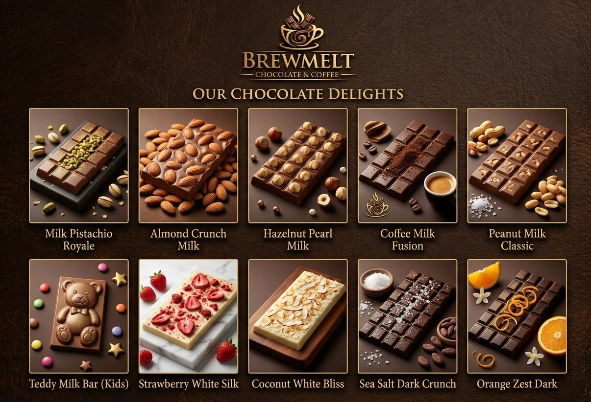 Our Chocolate Delights: Milk Pistachio Royale, Almond Crunch Milk, Hazelnut Pearl Milk, Coffee Milk Fusion, Peanut Milk Classic, Teddy Milk Bar (Kids), Strawberry White Silk, Coconut White Bliss, Sea Salt Dark Crunch and Orange Zest Dark