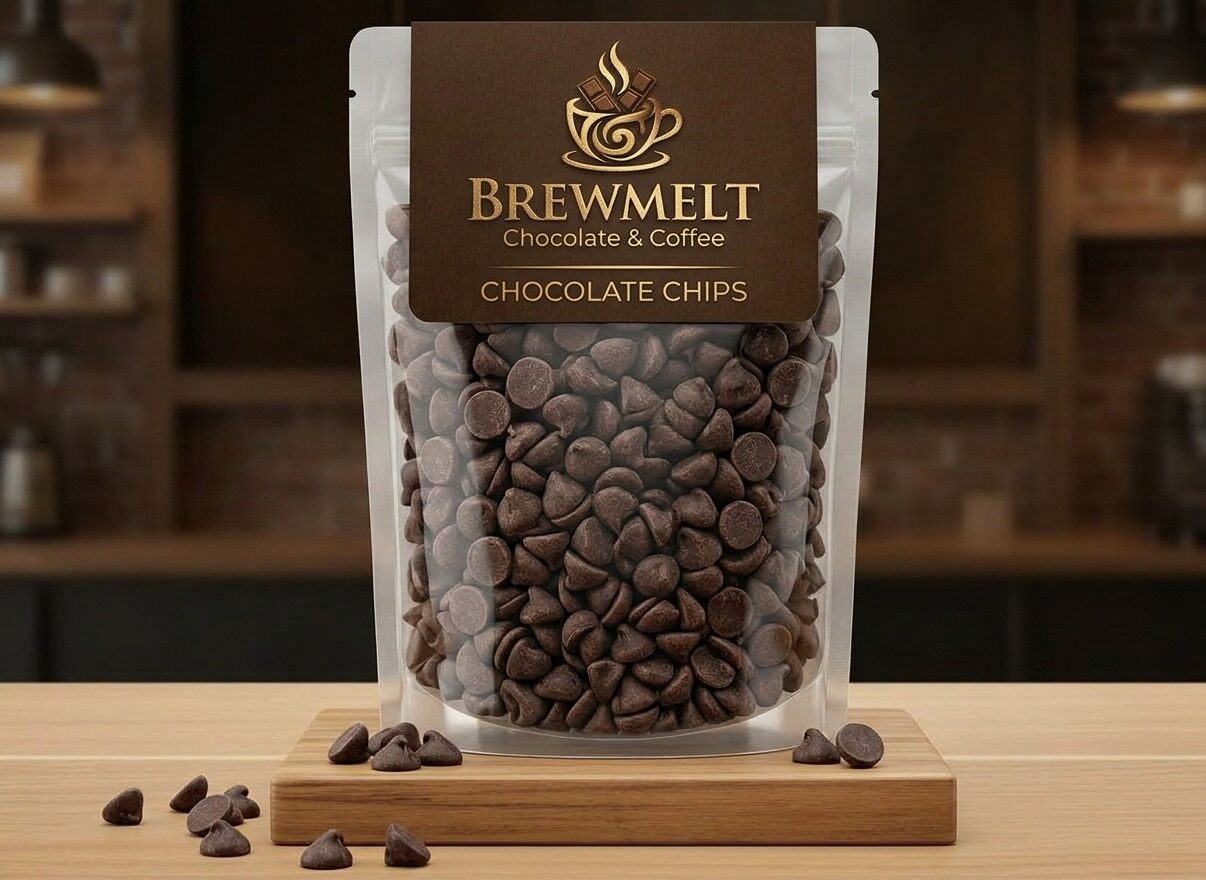 A pouch of Brewmelt chocolate chips on a wooden board