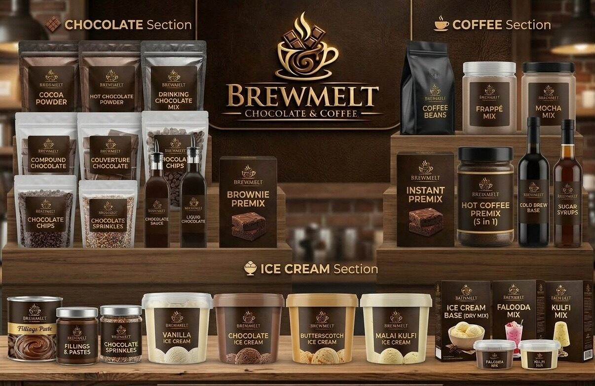 The Brewmelt retail range. Chocolate: cocoa powder, hot chocolate powder, drinking chocolate mix, compound and couverture chocolate, chocolate chips, sprinkles, chocolate sauce, liquid chocolate and brownie premix. Coffee: coffee beans, frappé and mocha mix, instant premix, 3-in-1 hot coffee premix, cold brew base and sugar syrups. Ice cream: fillings and pastes, vanilla, chocolate, butterscotch and malai kulfi ice cream, ice cream base dry mix, falooda mix and kulfi mix
