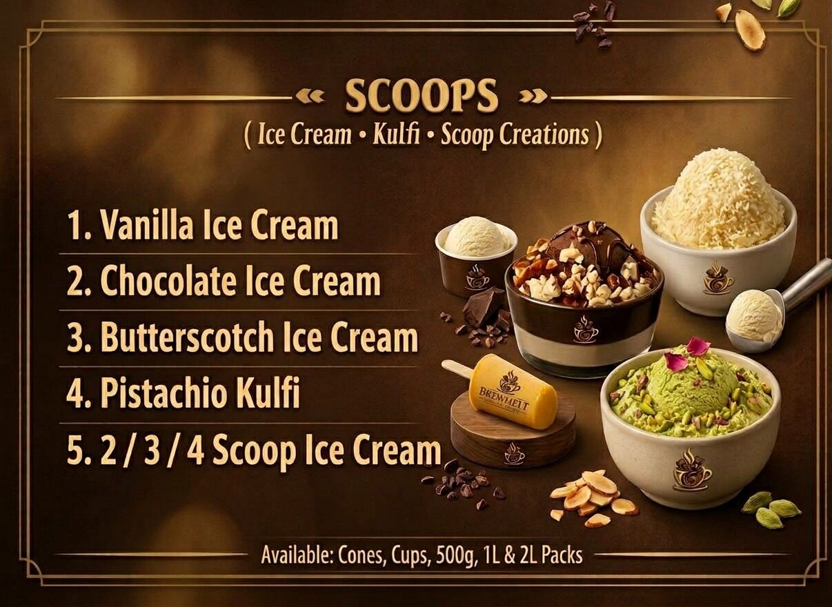 Scoops menu (ice cream, kulfi and scoop creations): vanilla, chocolate and butterscotch ice cream, pistachio kulfi, and 2, 3 or 4 scoop ice cream. Available in cones, cups, and 500g, 1L and 2L packs